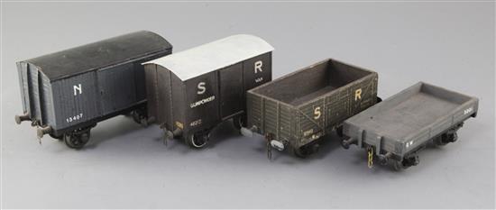 An NE box van, no.13407m in grey, an SR box van, no.12340, in grey, a. G.W. flat wagon, no.5001, in grey